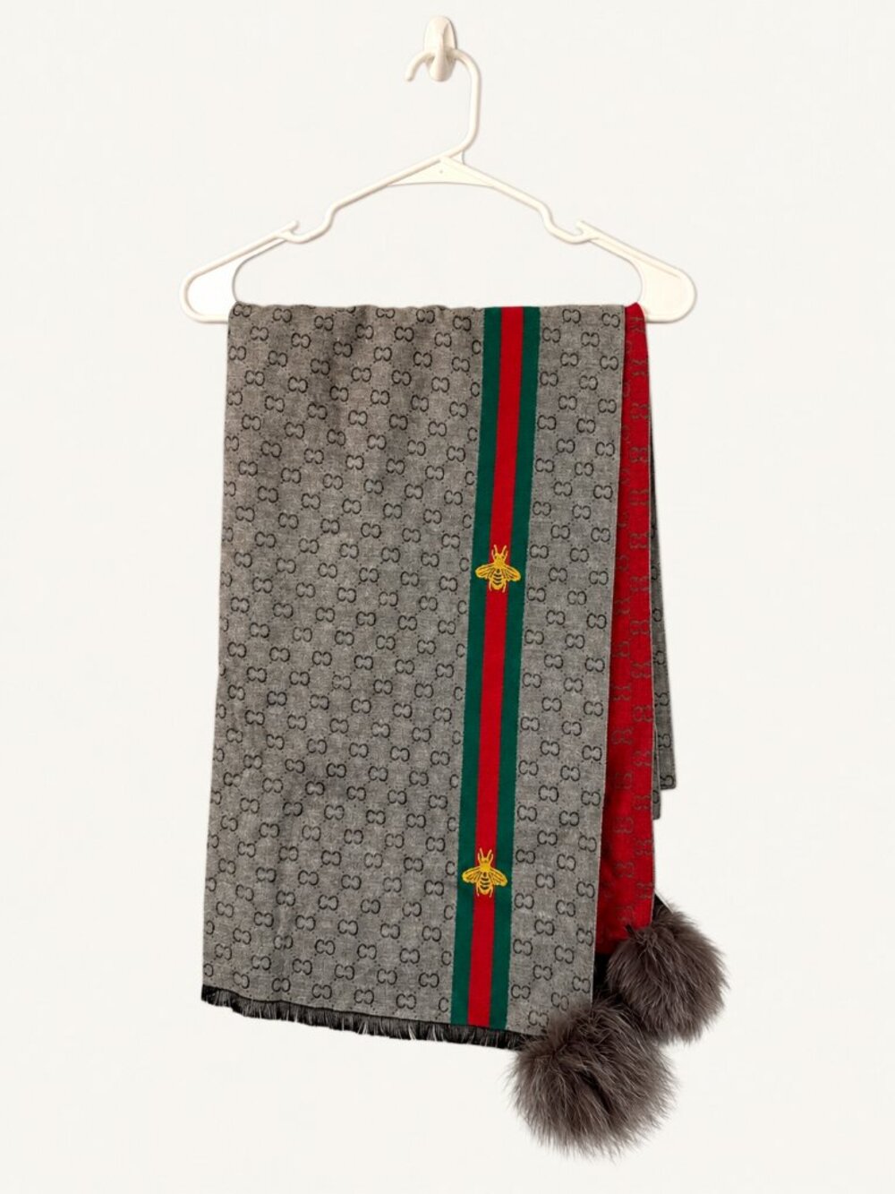 Mitchies Gray Red Bee Stripe Pom-Pom Scarf NWT OS